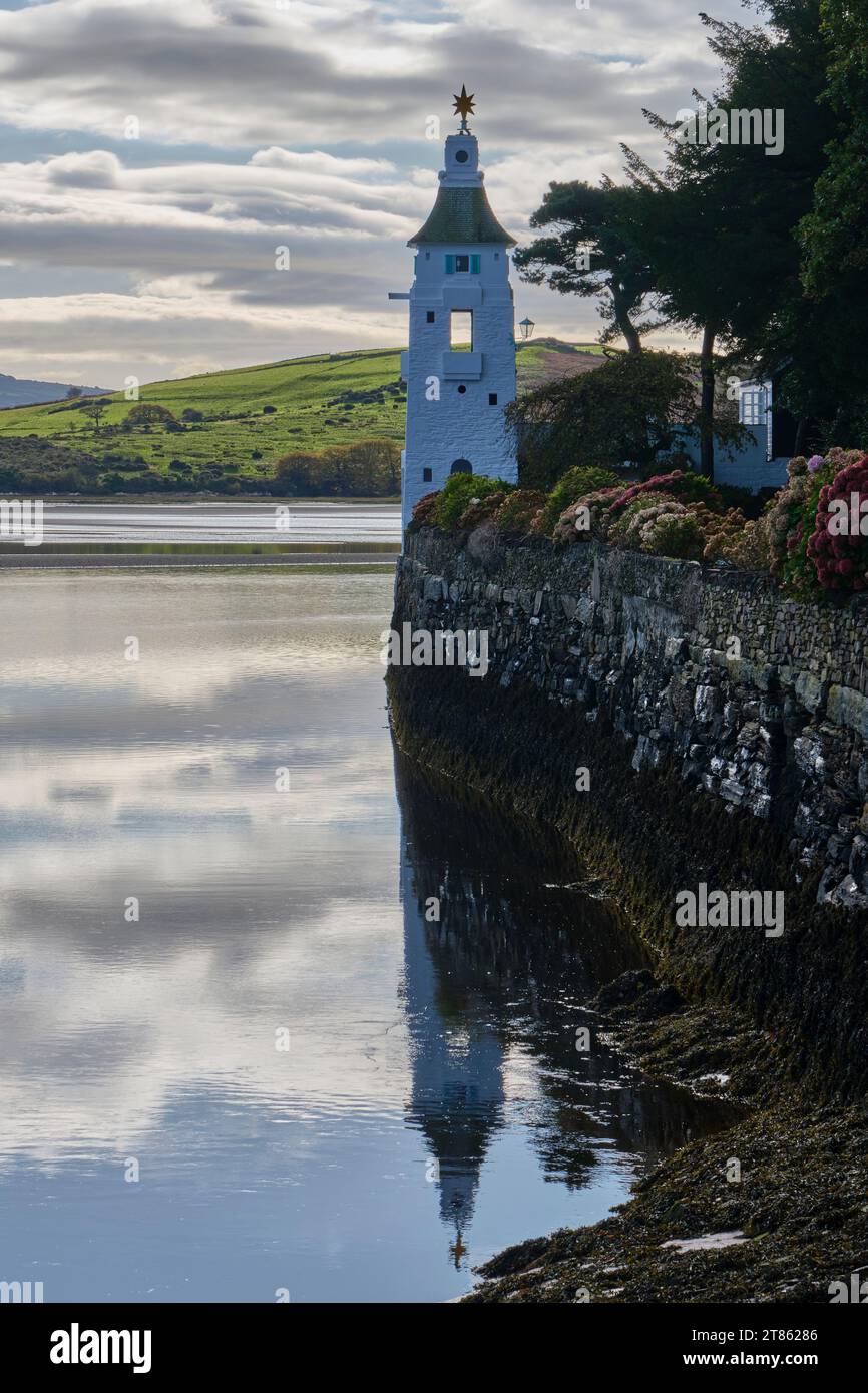 The Watchtower overlooking the Dwyryd Estuary at Portmeirion, Gwynedd, Wales Stock Photo