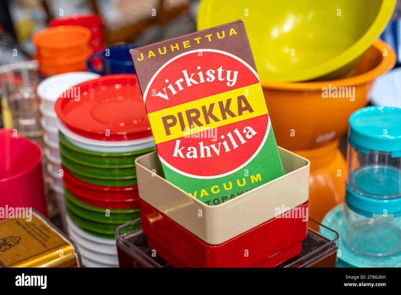 Old Pirkka Kahvi retail packaging for sale at Retro & Vintage + Design Expo in Helsinki, Finland Stock Photo