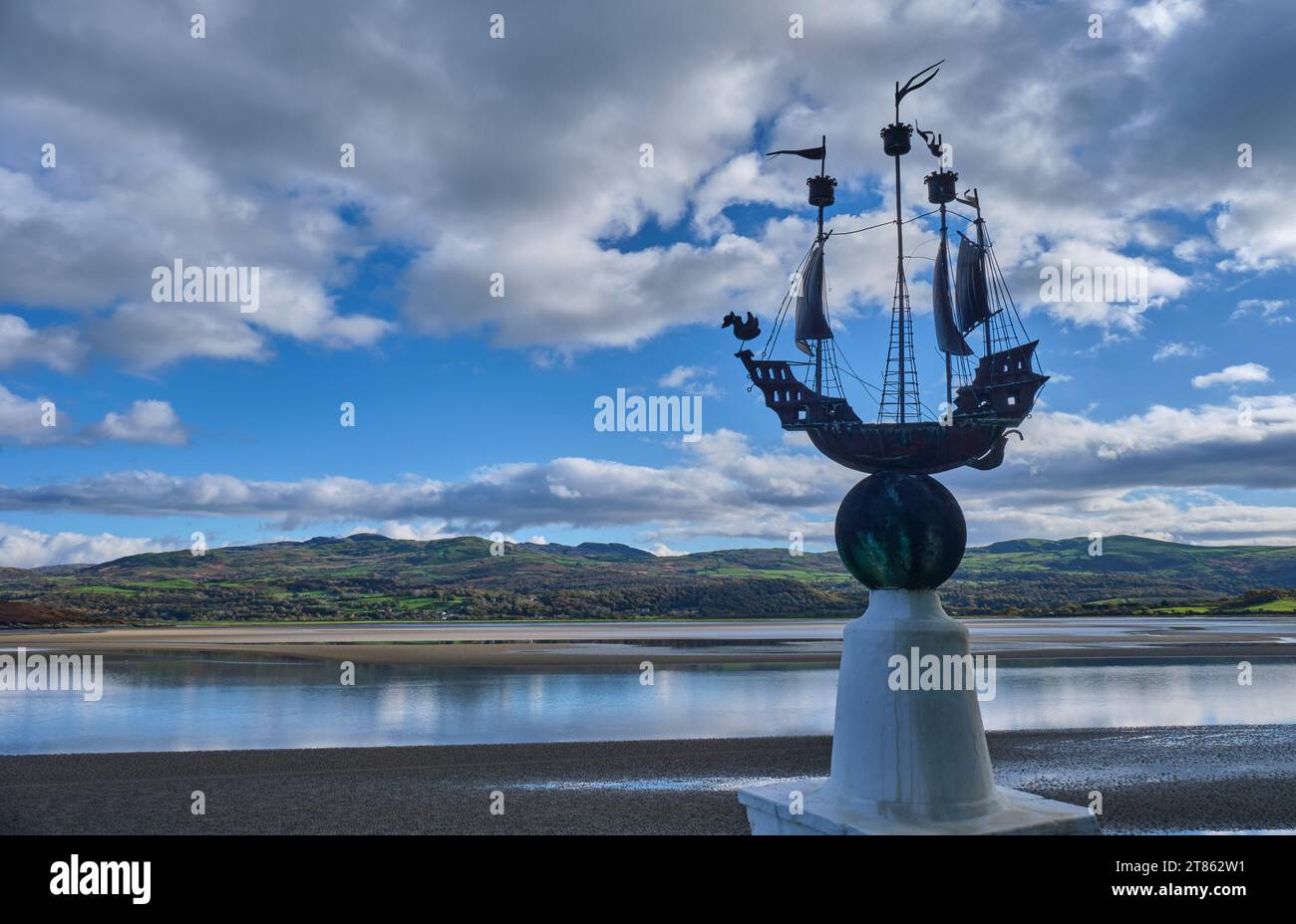 Ship sculpture on the quayside at Portmeirion, Gwynedd, Wales Stock Photo