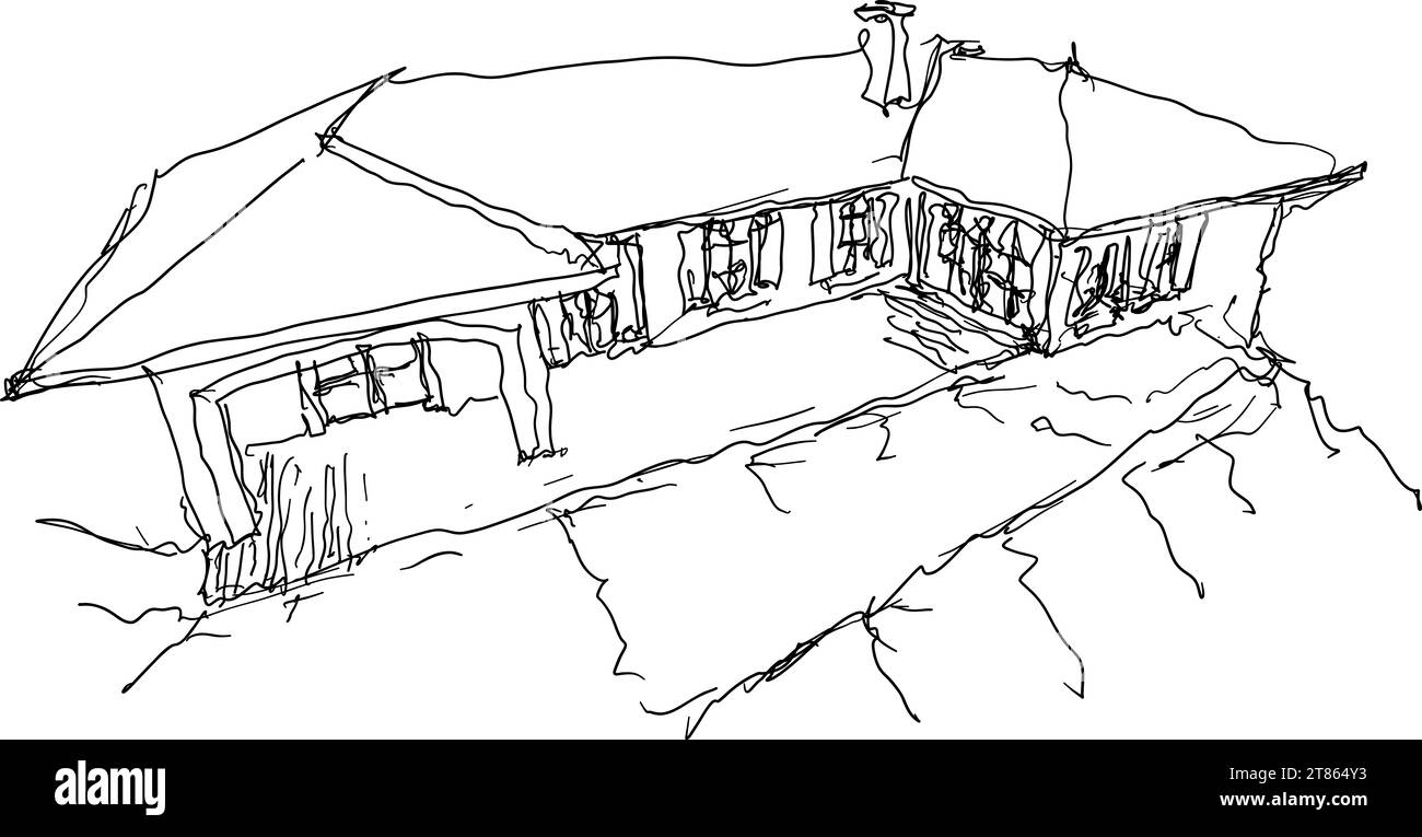 hand drawn architectural sketch of beautiful classic detached village house Stock Photo