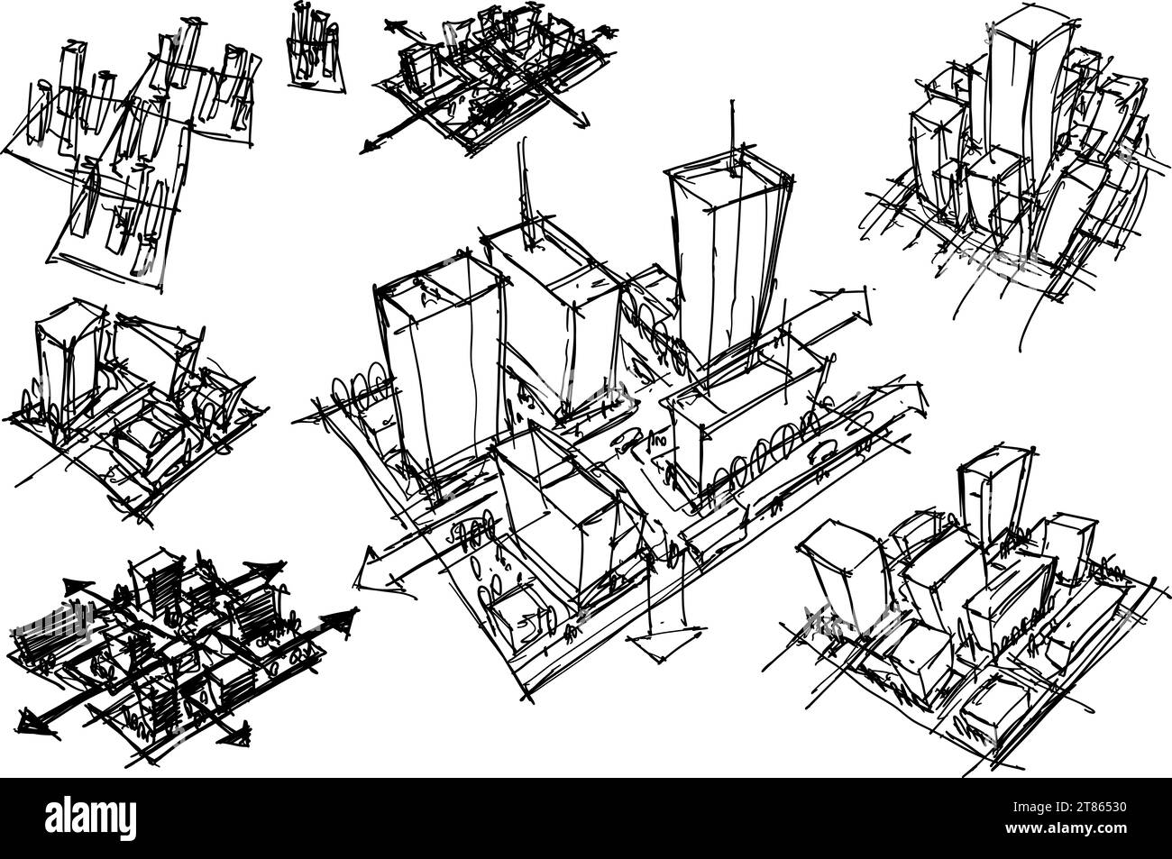 hand drawn architectural sketches of urban ideas and city structures and parts of the city Stock Photo