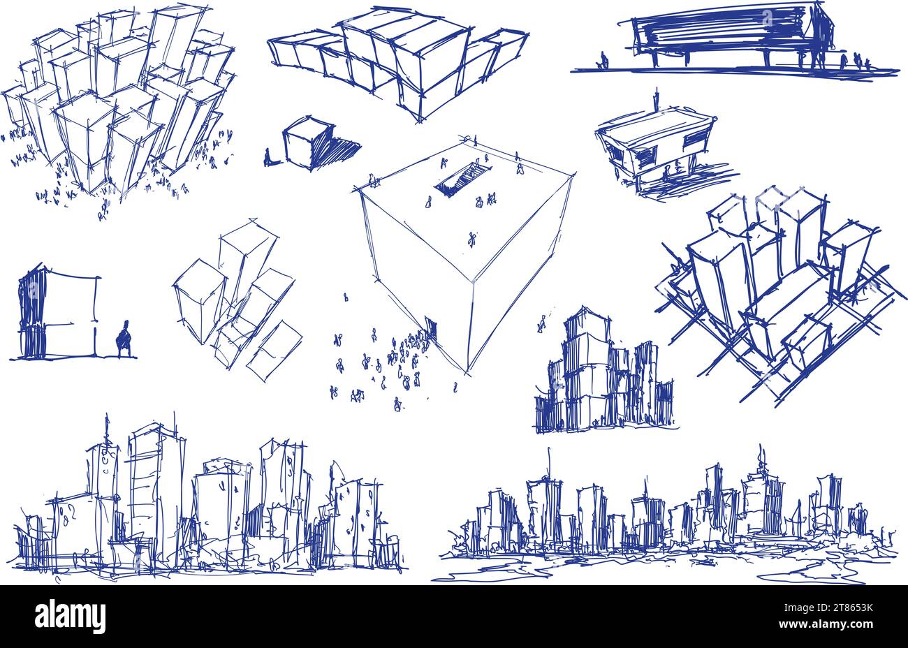 hand drawn architectural sketches of urban ideas and city structures and parts of the city and architecture and fantastic buildings Stock Photo