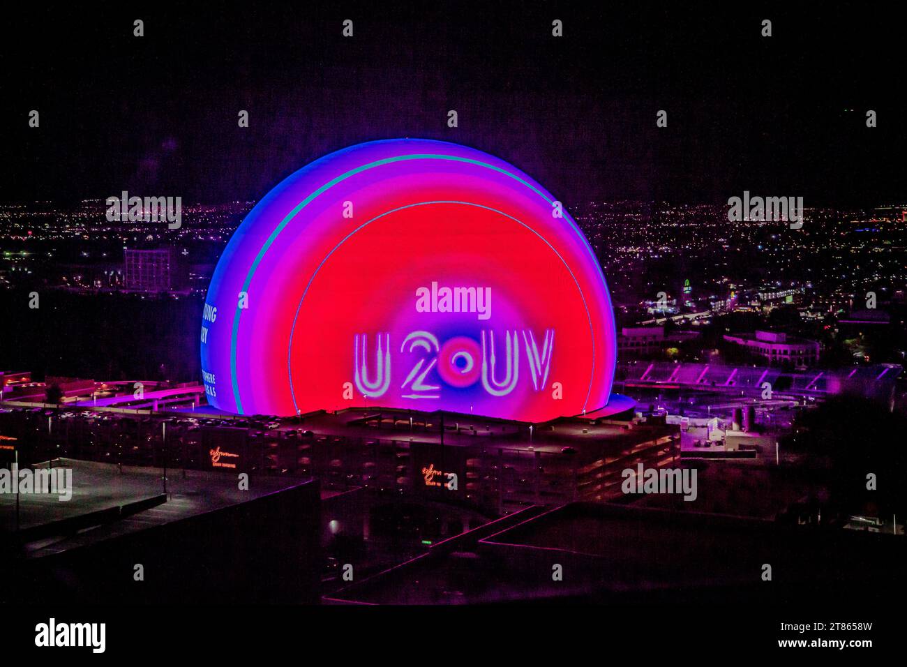 Las Vegas, Nevada, USA - November 7, 2023: The MSG Sphere showing U2:UV advert for U2 concert Stock Photo