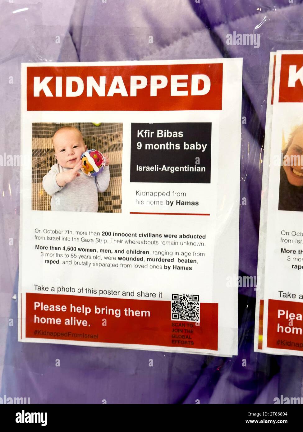 New York, United States. 18th Nov, 2023. New York, USA 11/17/23 Posters of kidnapped Israeli people and children, on display in the Murray Hill, Midtown East section New York City, some were partially torn down, Friday, November 17, 2023. Credit: Jennifer Graylock/Alamy Live News Stock Photo