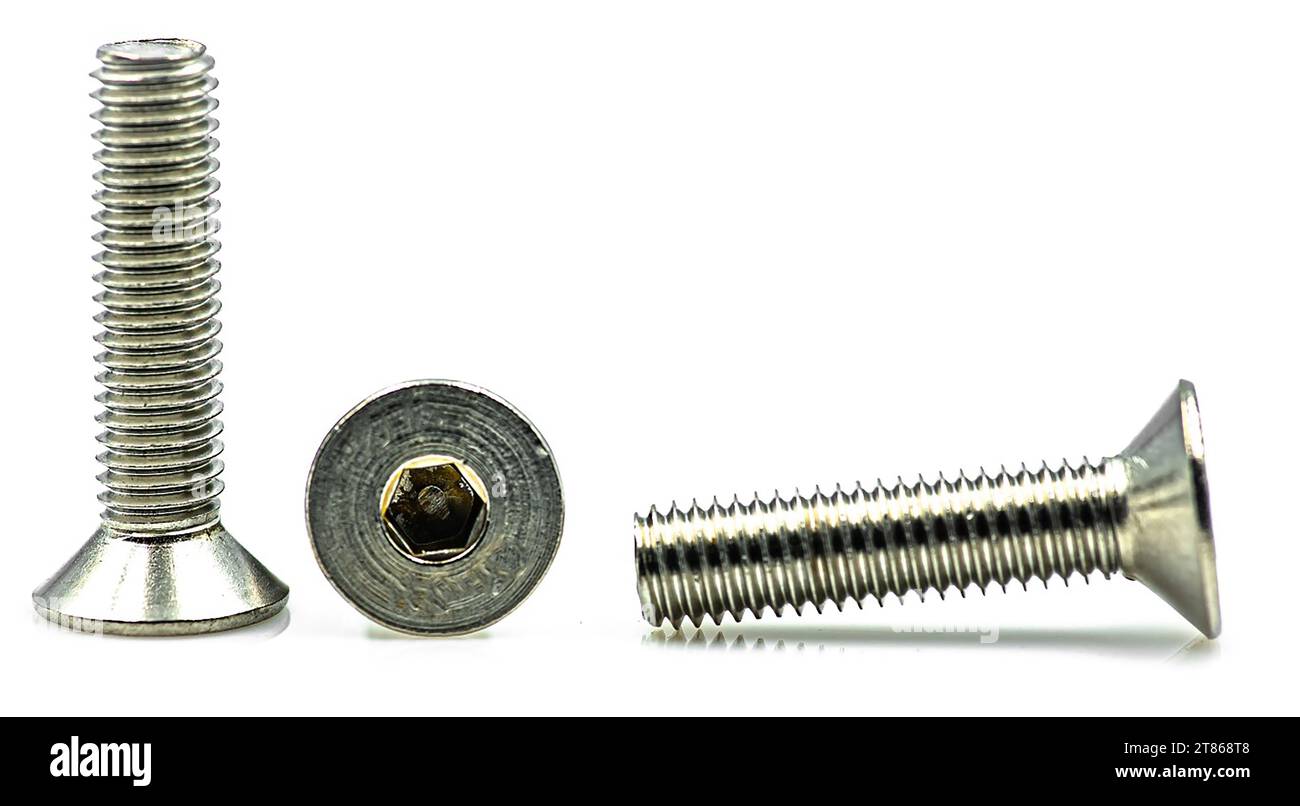 DIN 7991 bolt stainless steel close up white background Stock Photo - Alamy