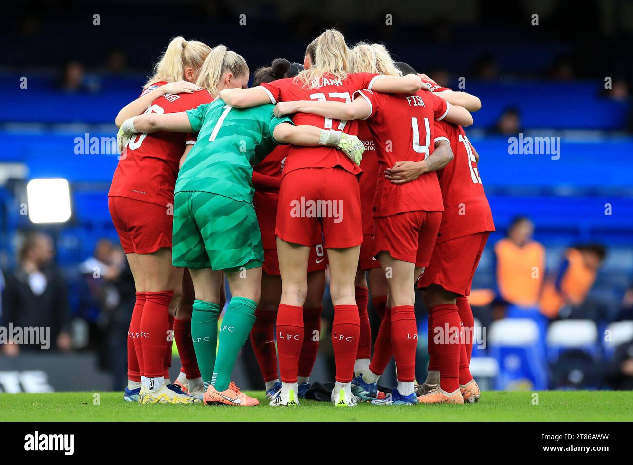 Kingston, UK. 18th Nov, 2023. Liverpool Women huddle during the FA Women's Super League match between Chelsea Women and Liverpool Women at Stamford Bridge, London, England on 18 November 2023. Photo by Carlton Myrie. Editorial use only, license required for commercial use. No use in betting, games or a single club/league/player publications. Credit: UK Sports Pics Ltd/Alamy Live News Stock Photo