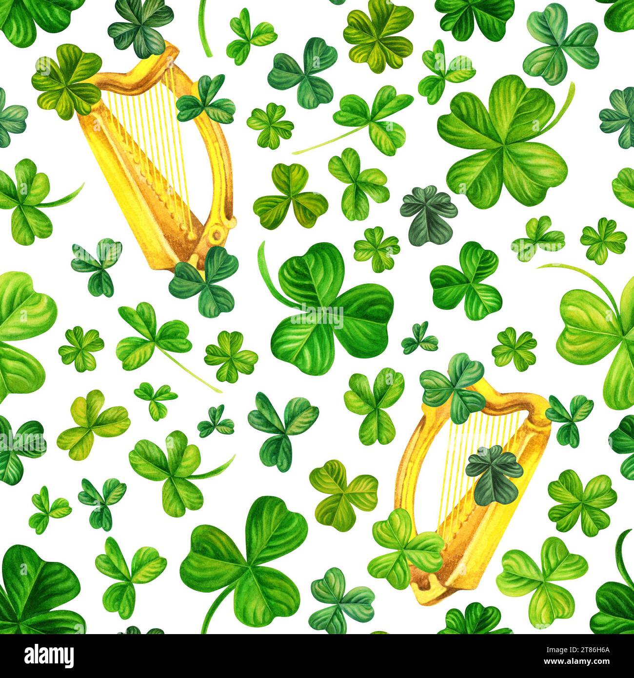 Watercolor seamless pattern with Irish harp and shamrocks ...