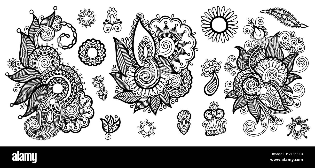 Collection of black linear images in Indian-style henna tattoos, vector