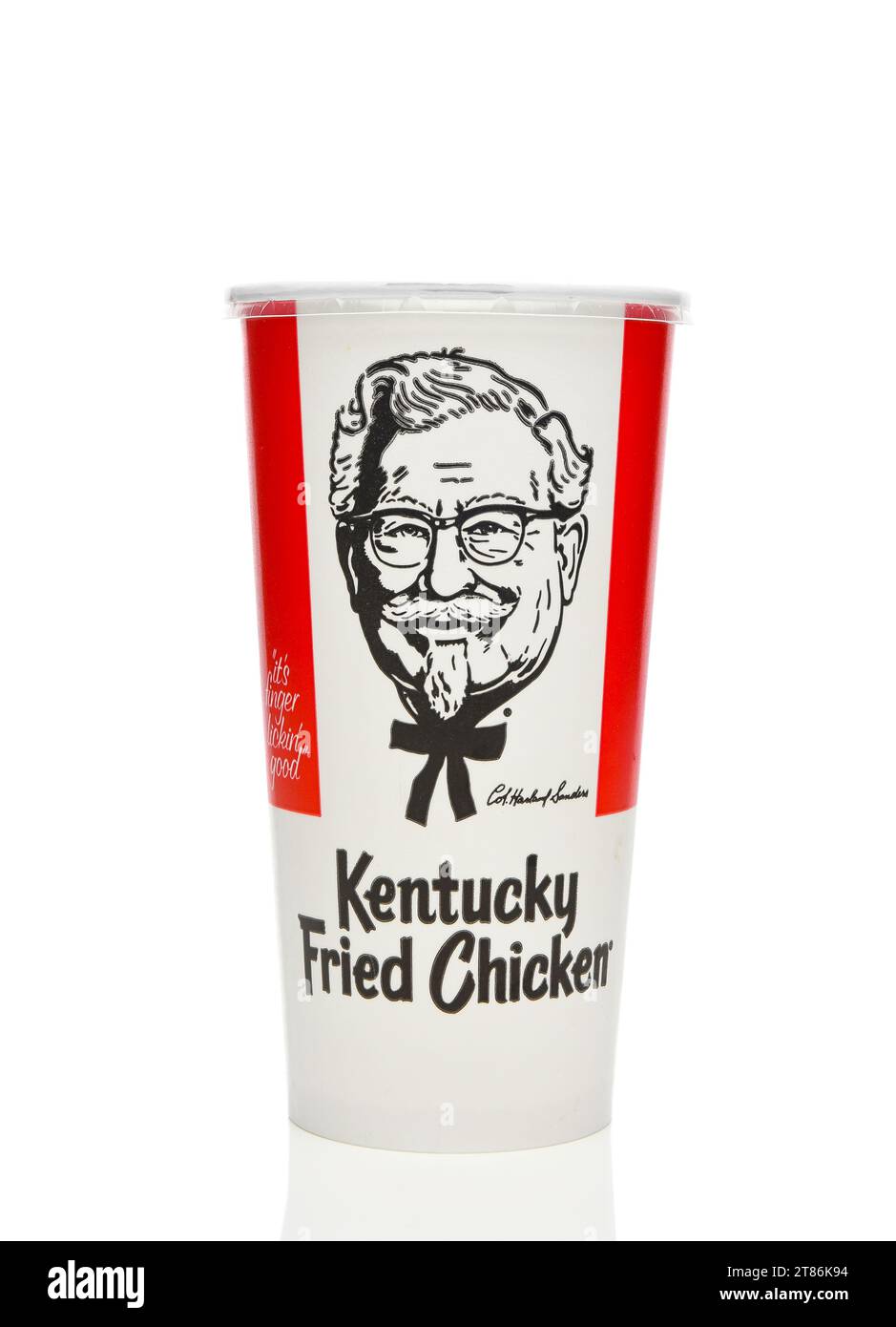 IRVINE, CALIFORNIA - 17 NOV 2023: A drink cup from Kentucky Fried Chicken, KFC, with an image of founder Colonel Harlan Sanders. Stock Photo