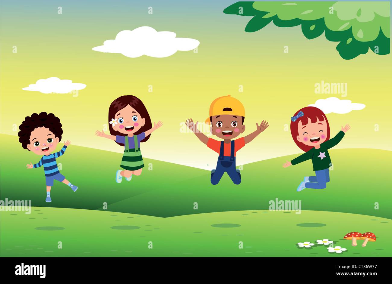 Jumping kids. Happy funny children playing and jumping in different ...