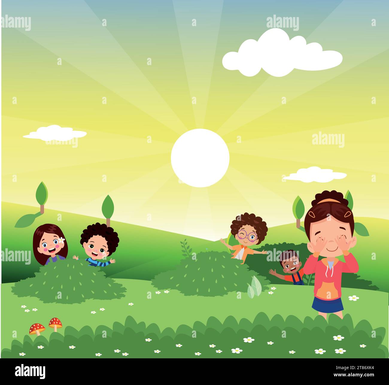 Vector illustration cartoon of children playing hide and seek in the park.  vector de Stock