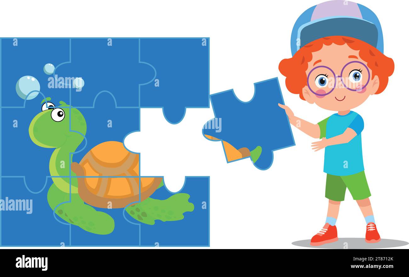 happy cute little kid play jigsaw puzzle Stock Vector Image & Art - Alamy