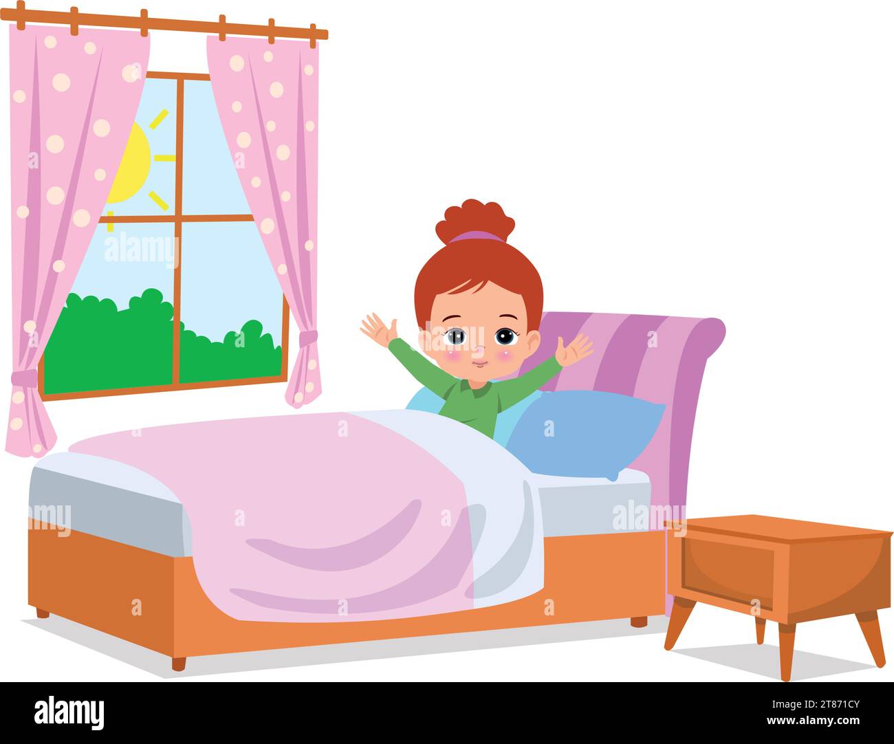 happy cute little kid children wake up in the morning Stock Vector