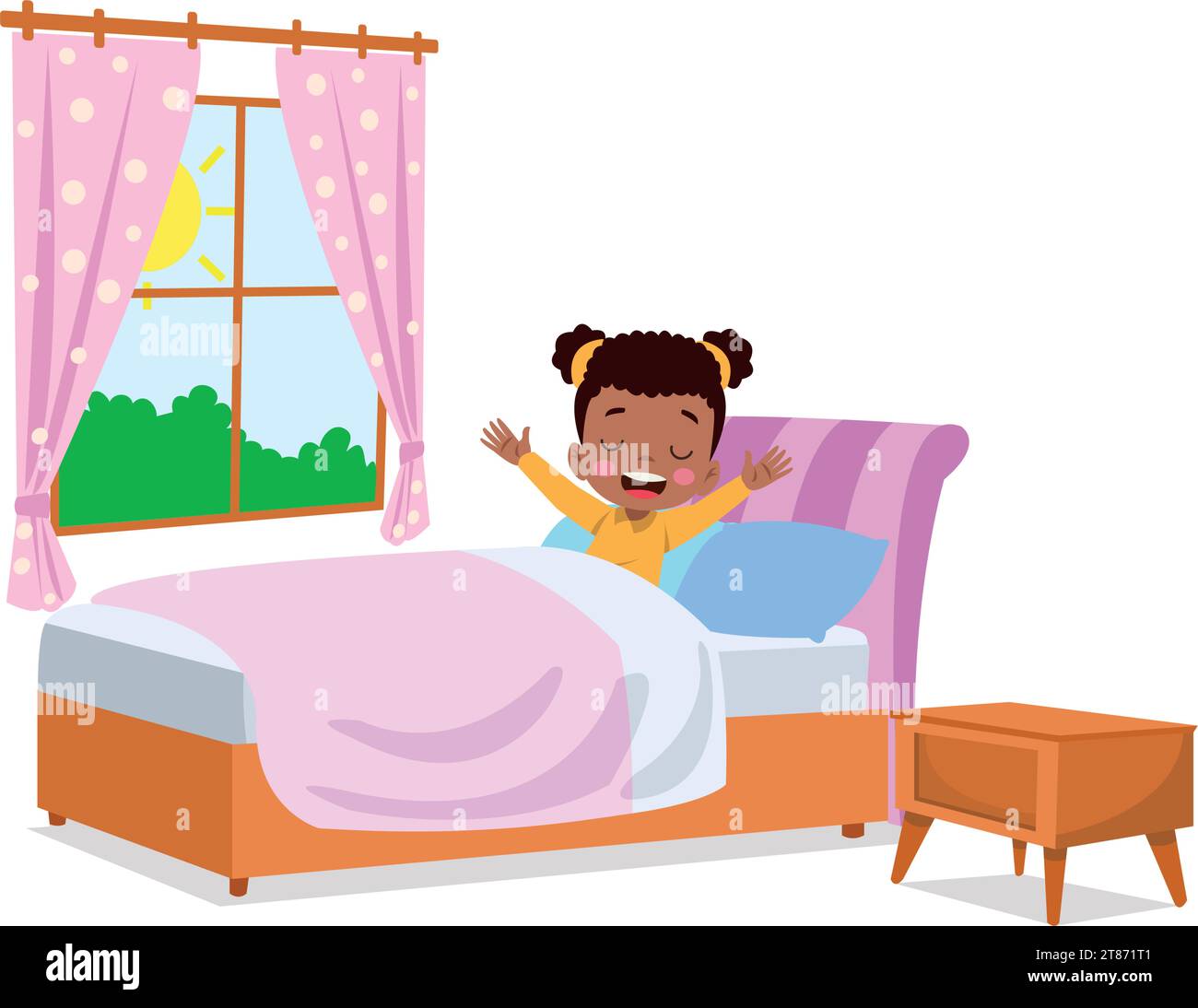 happy cute little kid children wake up in the morning Stock Vector
