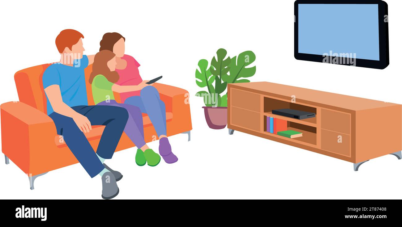 Happy family watching television together in living room. Family illustration in cartoon style Stock Vector