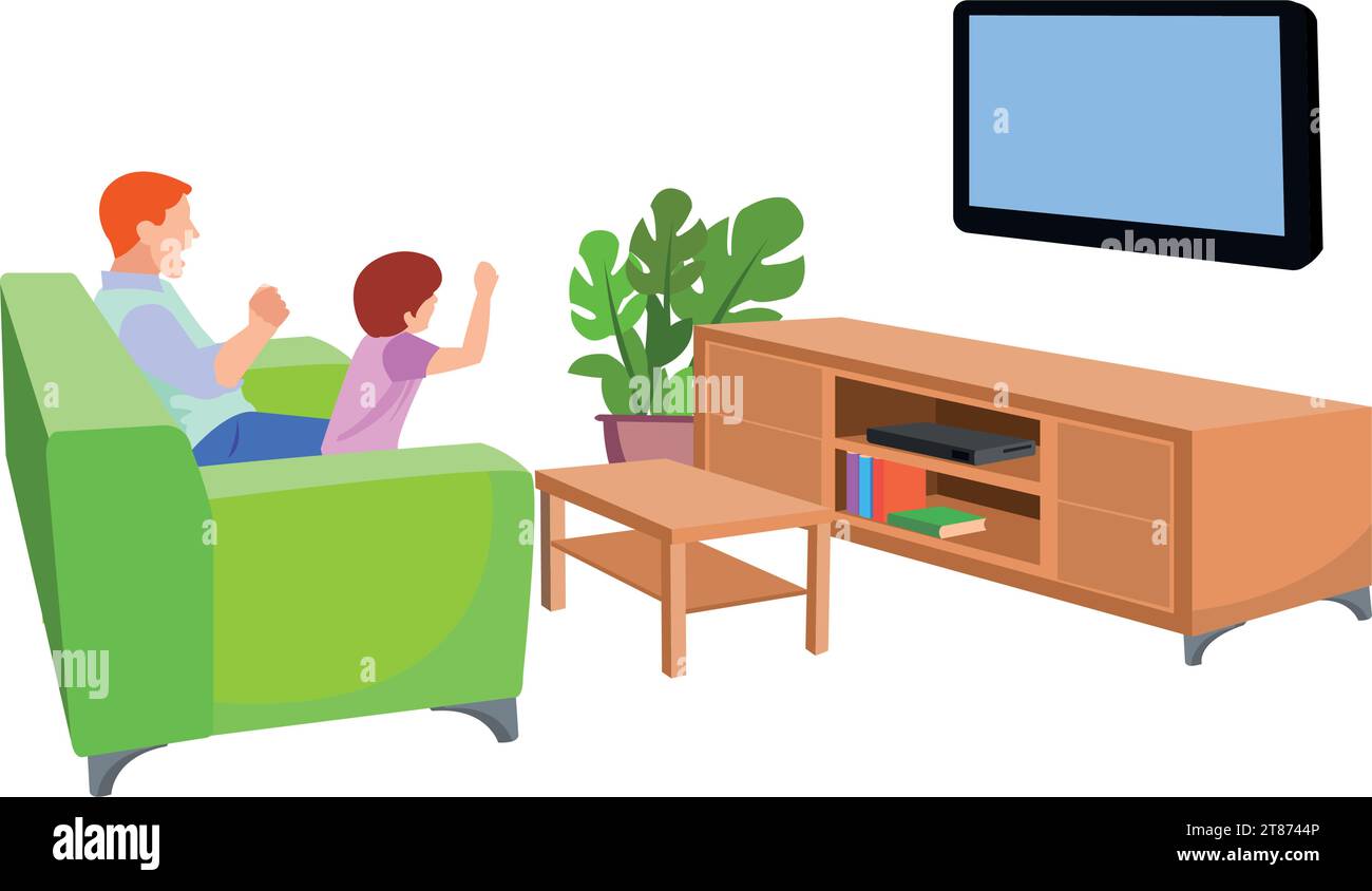 Happy family watching television together in living room. Family illustration in cartoon style Stock Vector