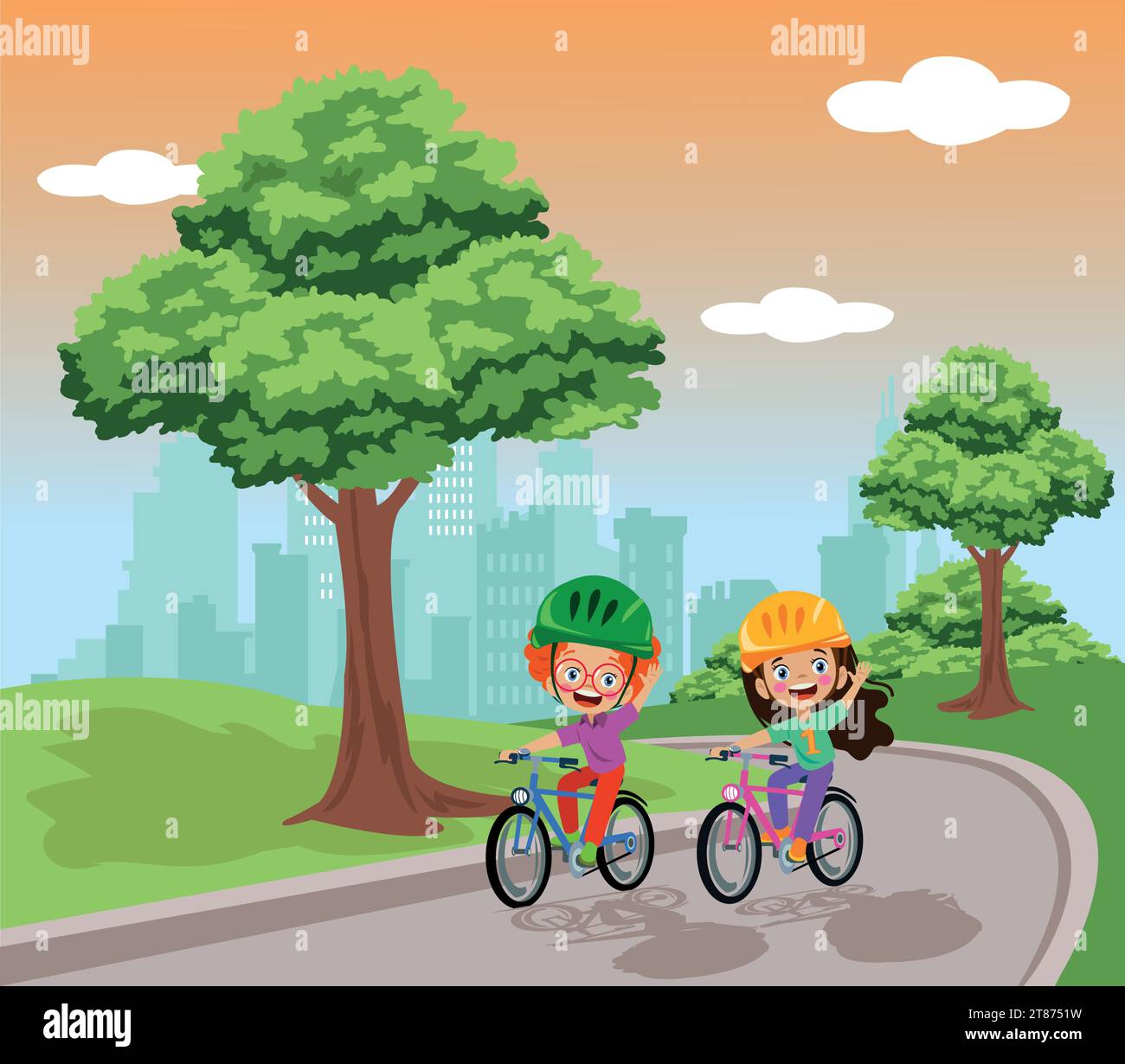 Vector illustration of happy kids riding bicycles in the park Stock ...