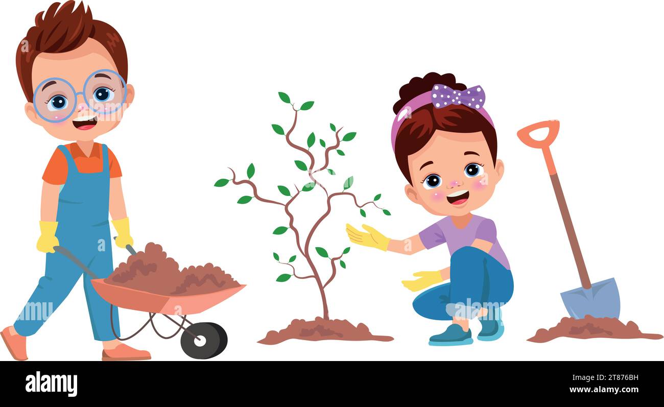 Little kids is planting small plant in garden Stock Vector