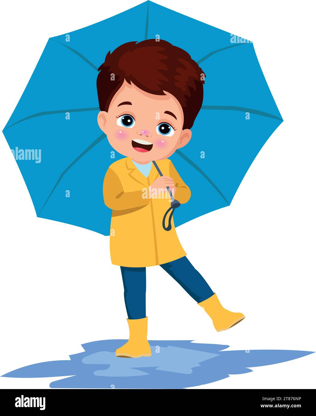cute boy wearing a raincoat holding an umbrella Stock Vector
