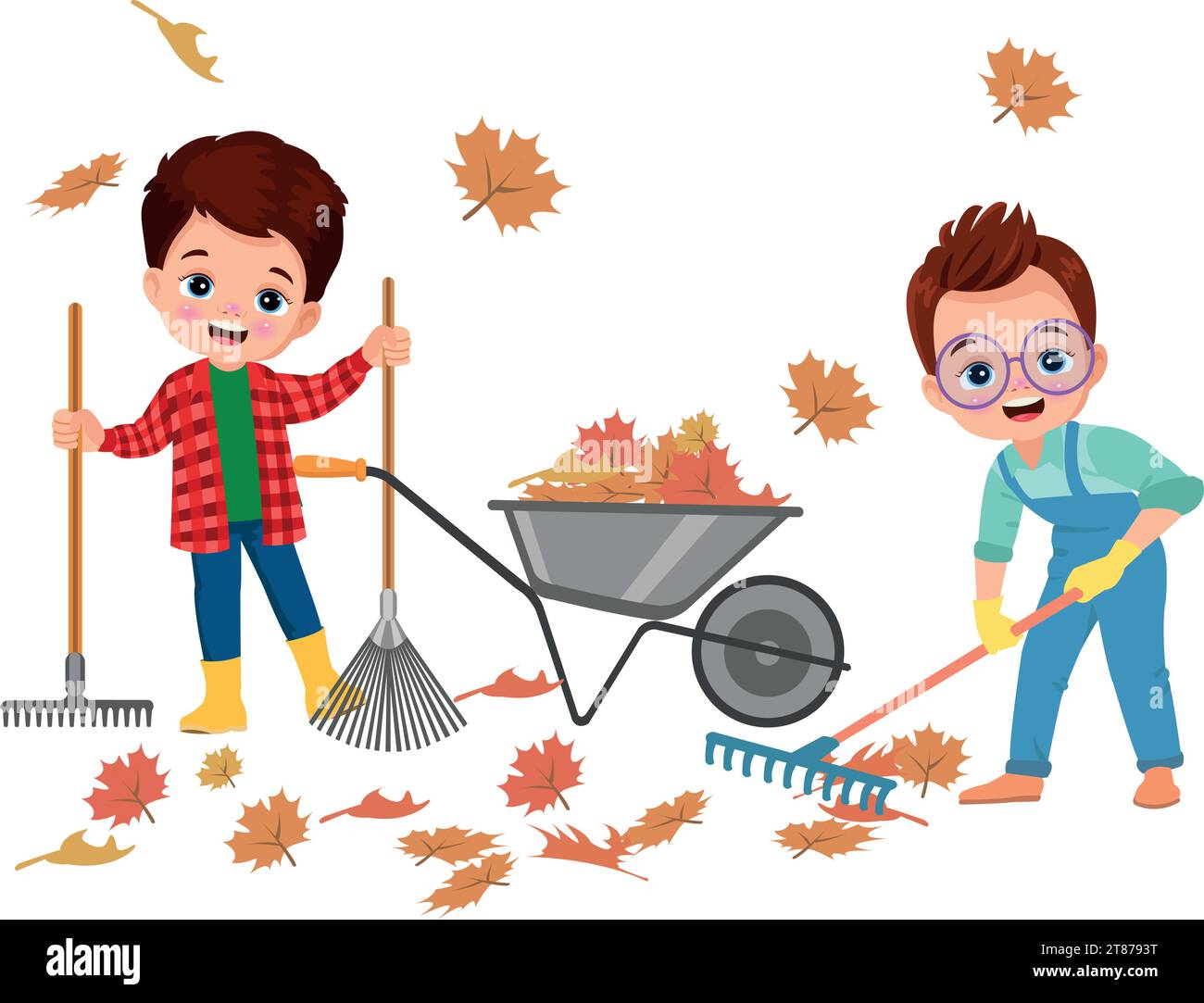 cute boy cleaning dried leaves Stock Vector
