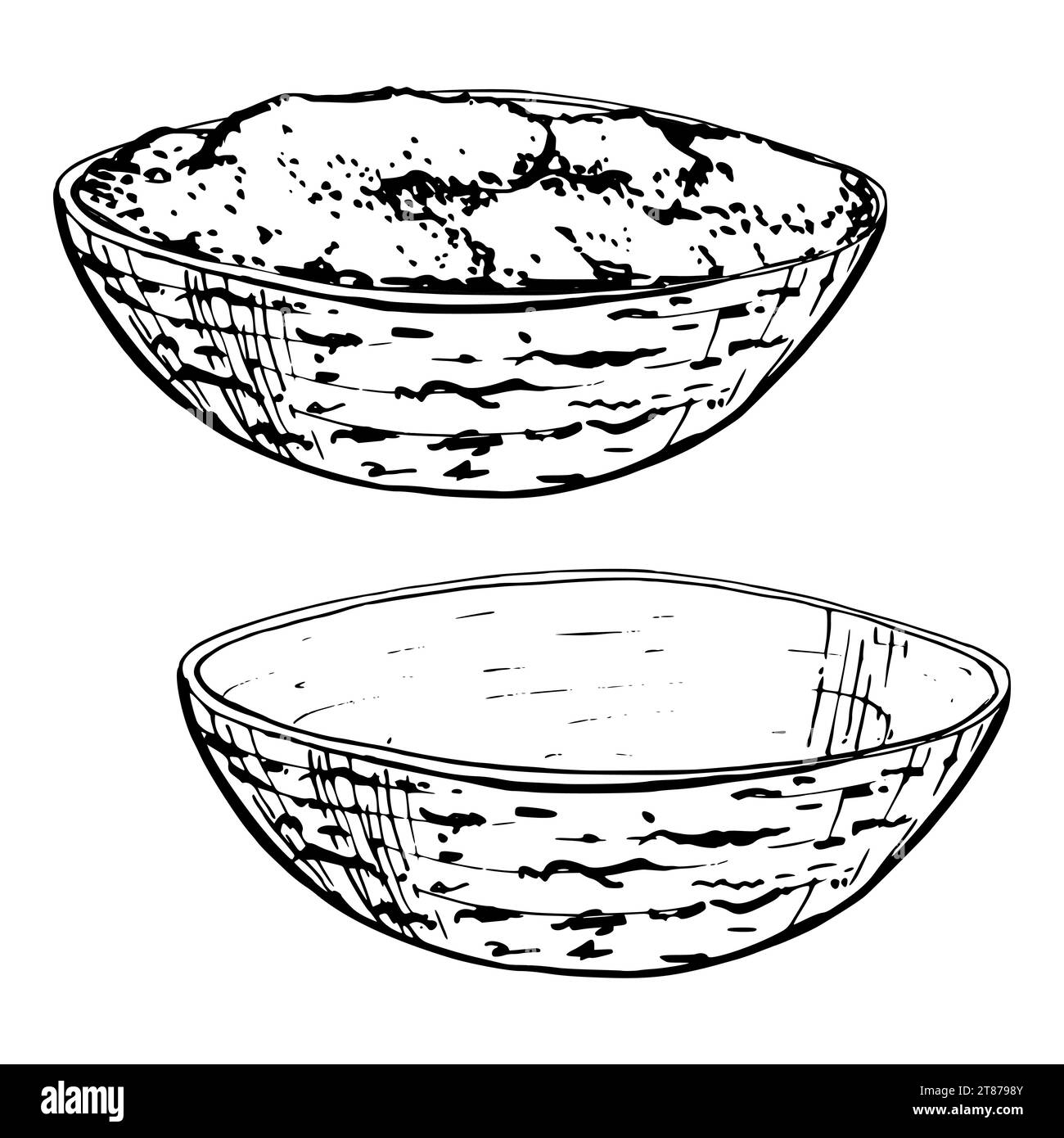 Hand drawn vector ink illustration. Bowl, empty and with sauce salsa guacamole bolognese pesto. Single object isolated on white. Design for restaurant Stock Vector