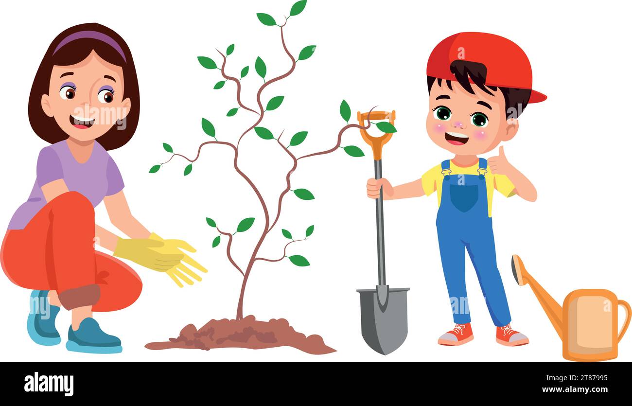 child and mother planting a sapling Stock Vector