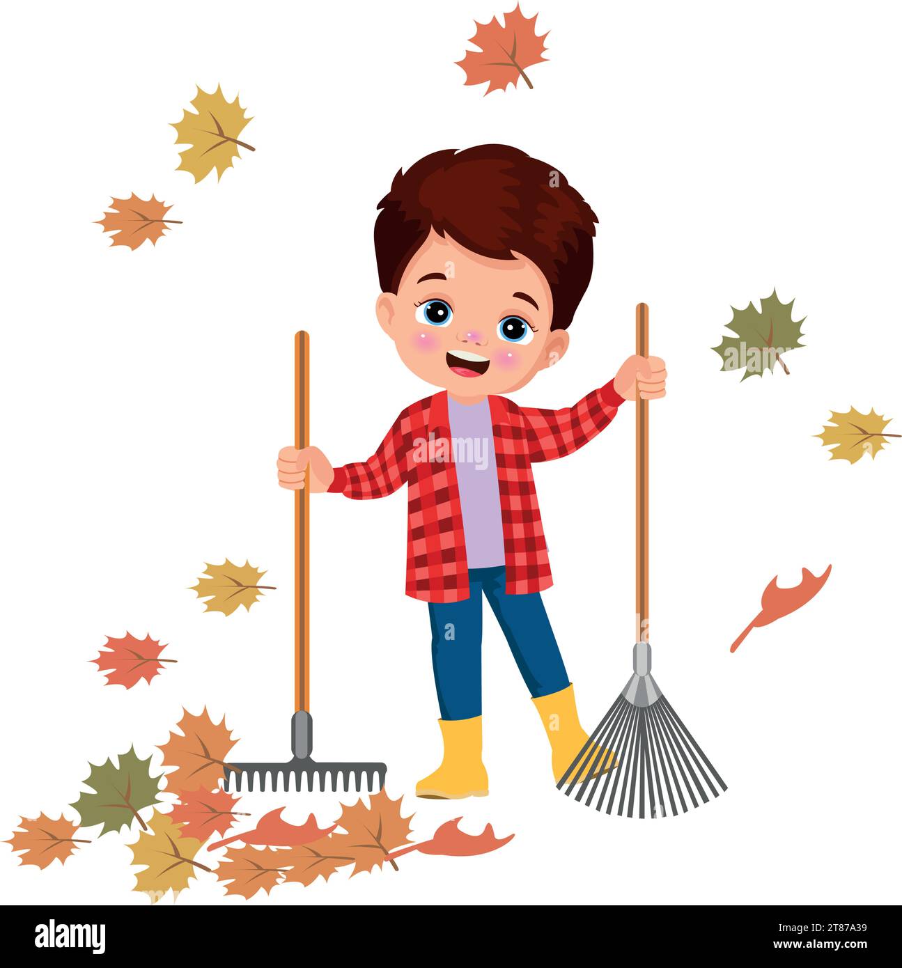 cute boy cleaning dried leaves Stock Vector