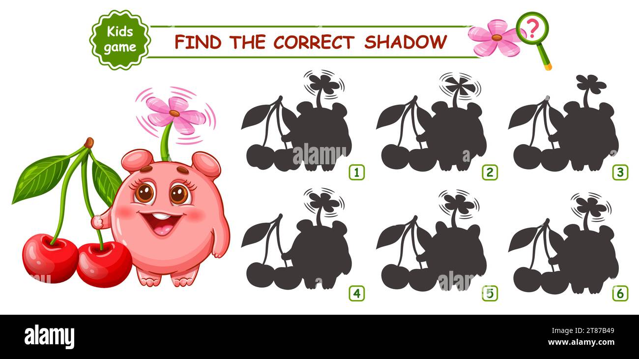 Cute fantasy monster alien, cherry berry fruit, find correct shadow silhouette. Children education puzzle game. Fairy mutant animal character. Vector Stock Vector