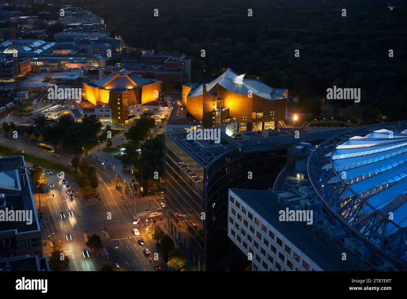 Berliner Philharmonie and surroundings in Berlin seen from above, Germany 2023. Stock Photo