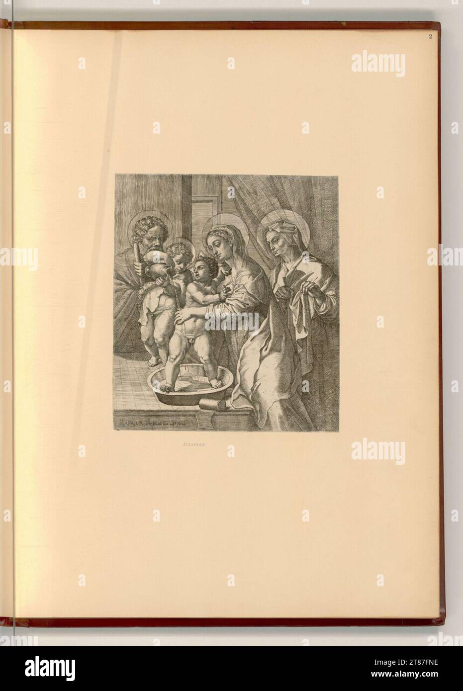 Pietro Facchetti (Engraver) Holy family, Maria washes the child of Jesus. Copper engraving, etching 1575-1590 , 1575/1590 Stock Photo