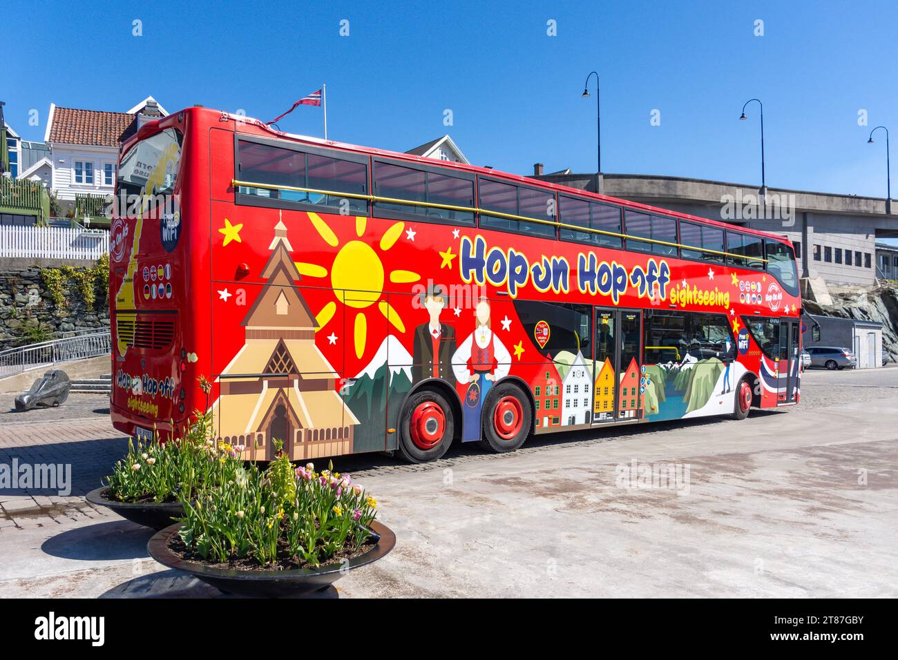 Hop-on Hop-off sightseeing bus, Smedasundet waterfront, Haugesund, Rogaland County, Norway Stock Photo