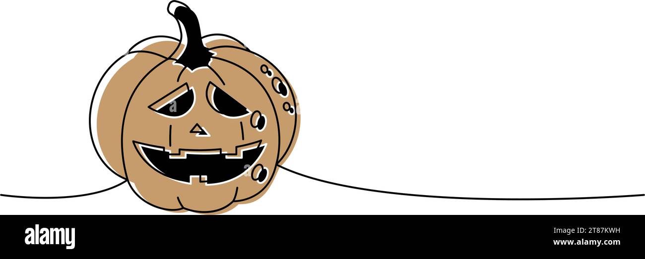 Halloween pumpkin with scary face one line colored continuous drawing ...