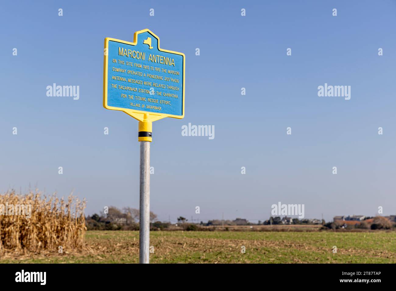 NY state historical marker for the Maroni Antenna location in Sagaponack, ny Stock Photo