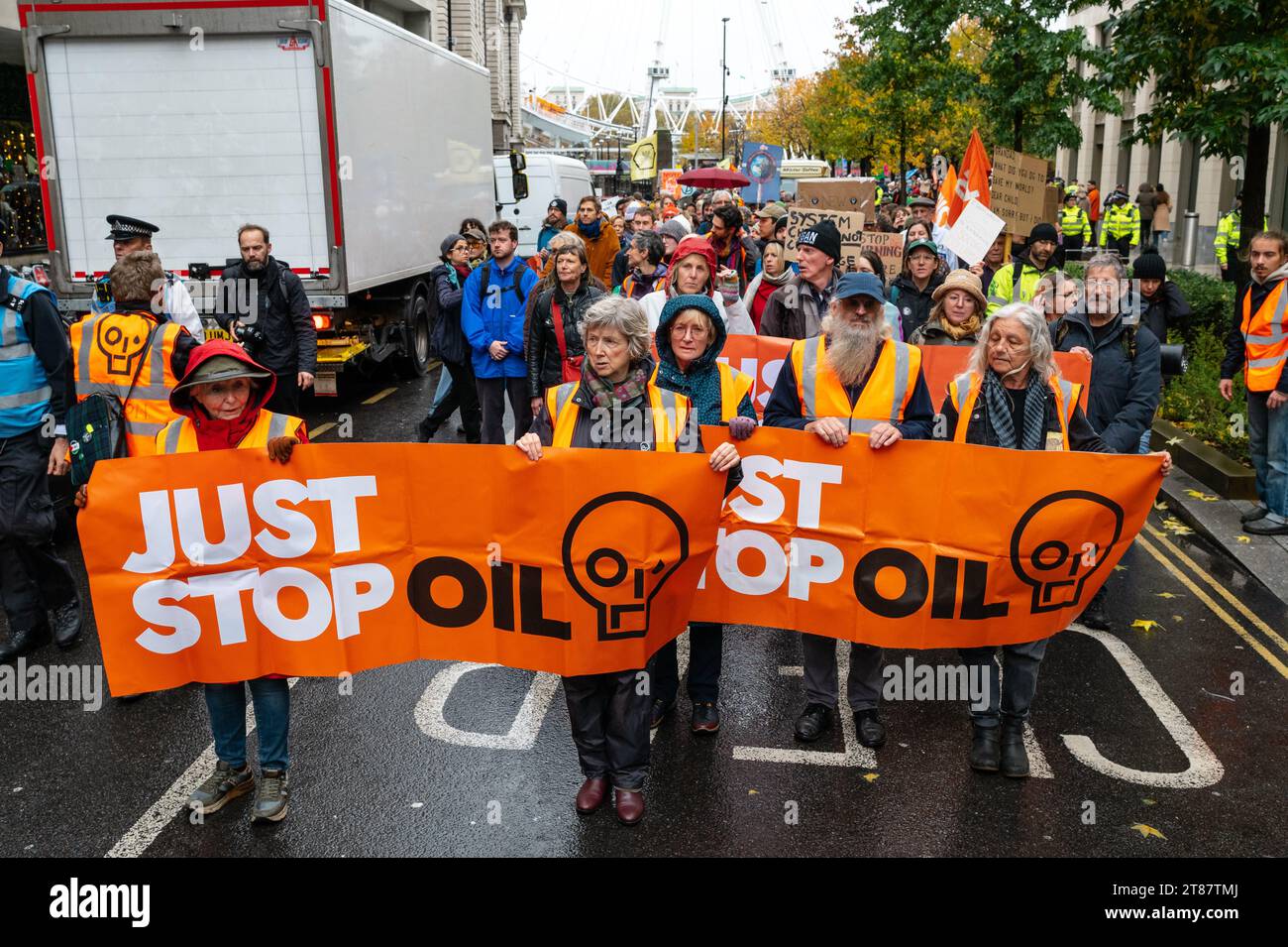 London, UK. 18 November 2023. Just Stop Oil activists march in London