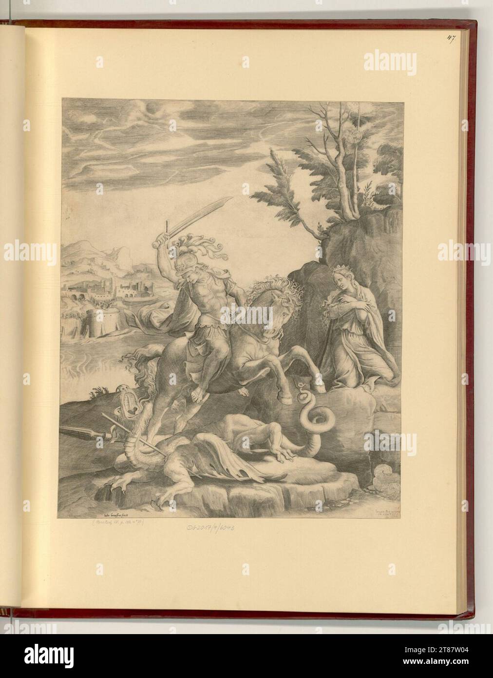 Giulio Bonasone (Engraver) St. Georg kills the dragon. Copper engraving print 1574 , 1574 Stock Photo