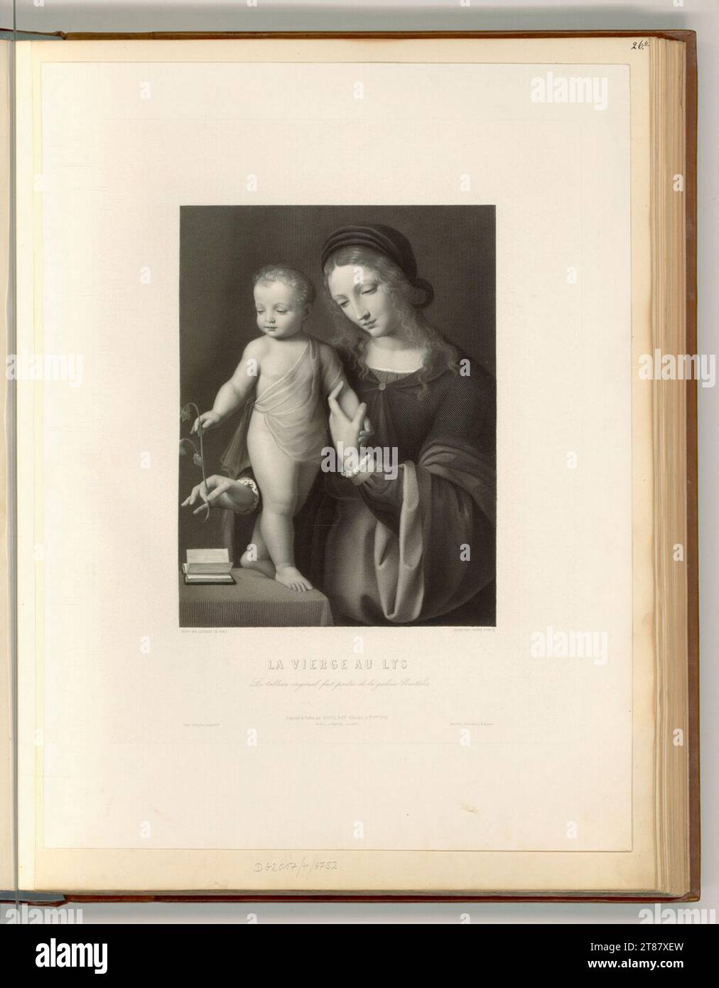 Joseph Franck (Engraver) Virgin with child and lily. Copper engraving print 1863 , 1863 Stock Photo