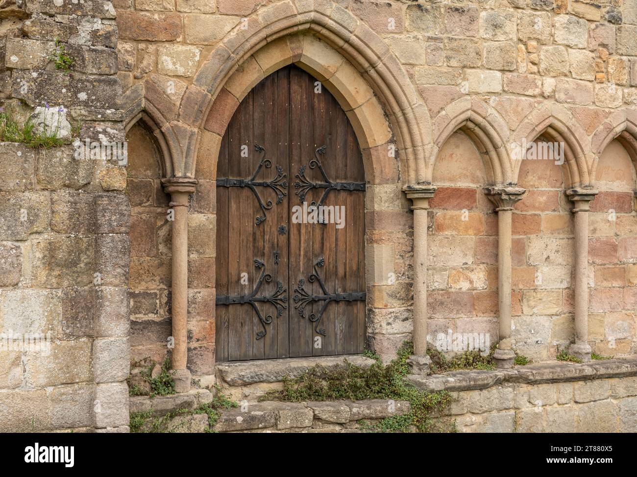 Ancient wooden arched doorway with decorative hinges made of black iron ...