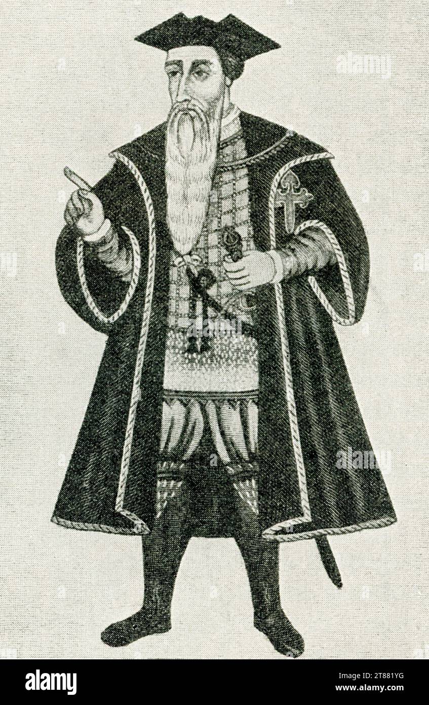 This image of Alfonao de Albuquerque is taken from a manuscript belonging to Pedro Barretto de Resenda and is in the British Museum in London. Albuquerque was a Portuguese general, a 'great conqueror', a statesman and an empire builder. Afonso advanced the three-fold Portuguese grand scheme of combating Islam, spreading Christianity, and securing the trade of spices by establishing a Portuguese Asian empire. Stock Photo