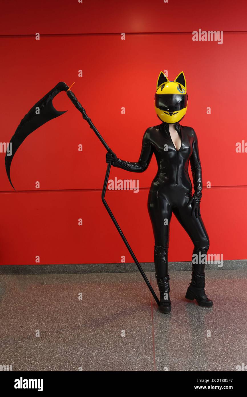 Cosplayer Kylie from Chicago attends the 2023 Anime NYC dressed as Celty Sturluson from Durarara at the Jacob Javits Center on October 18, 2023 in New York City. (Photo: Gordon Donovan) Stock Photo