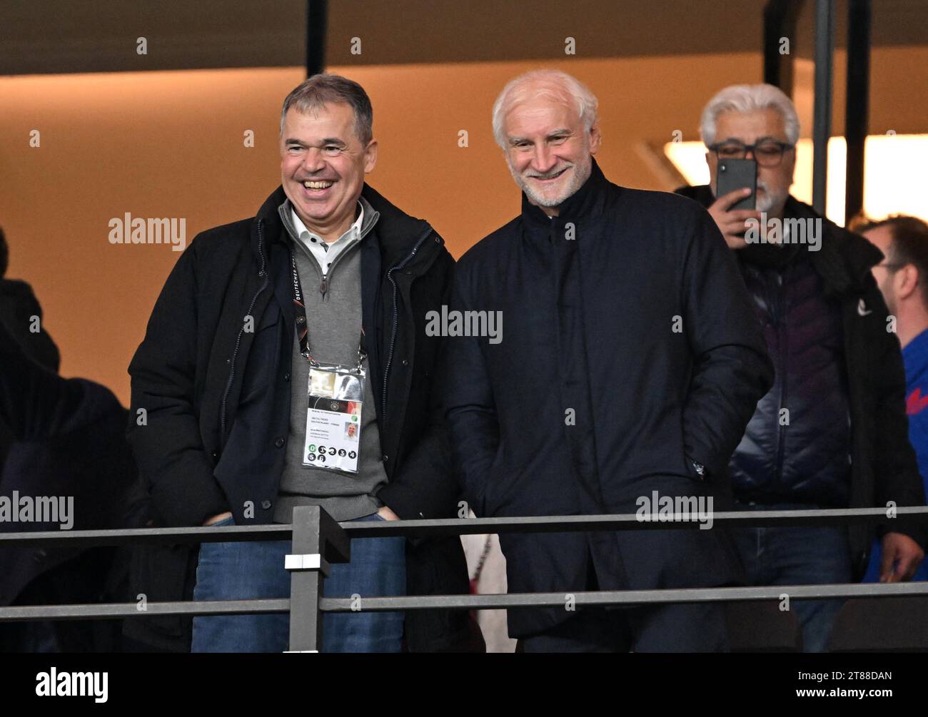 Berlin, Germany. 19th Nov, 2023. Soccer: International match, Germany - Turkey, Olympic Stadium. Andreas Rettig (l), Managing Director Sport DFB, and Rudi Völler, Director of the German senior men's national team, in the stands. IMPORTANT NOTE: In accordance with the regulations of the DFL German Football League and the DFB German Football Association, it is prohibited to use or have used photographs taken in the stadium and/or of the match in the form of sequential images and/or video-like photo series. Credit: Federico Gambarini/dpa/Alamy Live News Stock Photo