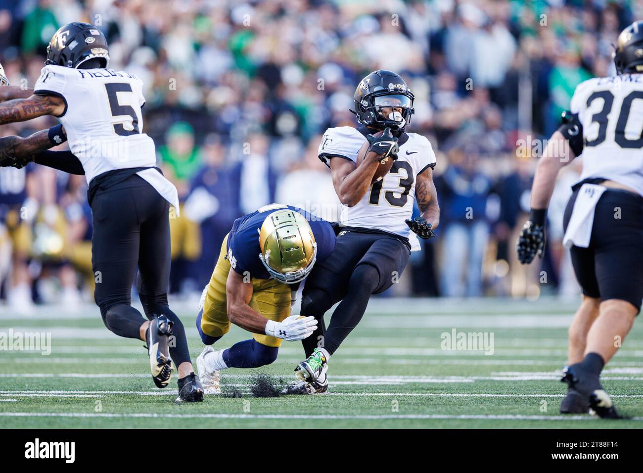 South Bend, Indiana, USA. 18th Nov, 2023. Wake Forest wide receiver Ke ...