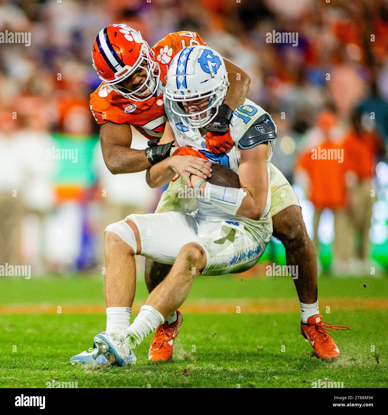 November 18, 2023: Clemson Tigers linebacker Jeremiah Trotter Jr. (54) tackles Clemson Tigers wide receiver Troy Stellato (10) during the second half of the ACC Football matchup at Memorial Stadium in Clemson, SC. (Scott Kinser/CSM) Stock Photo