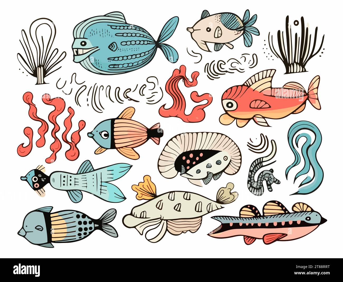 A Collection Of Cartoon Fish - Funny cut baby sea creatures in pastel