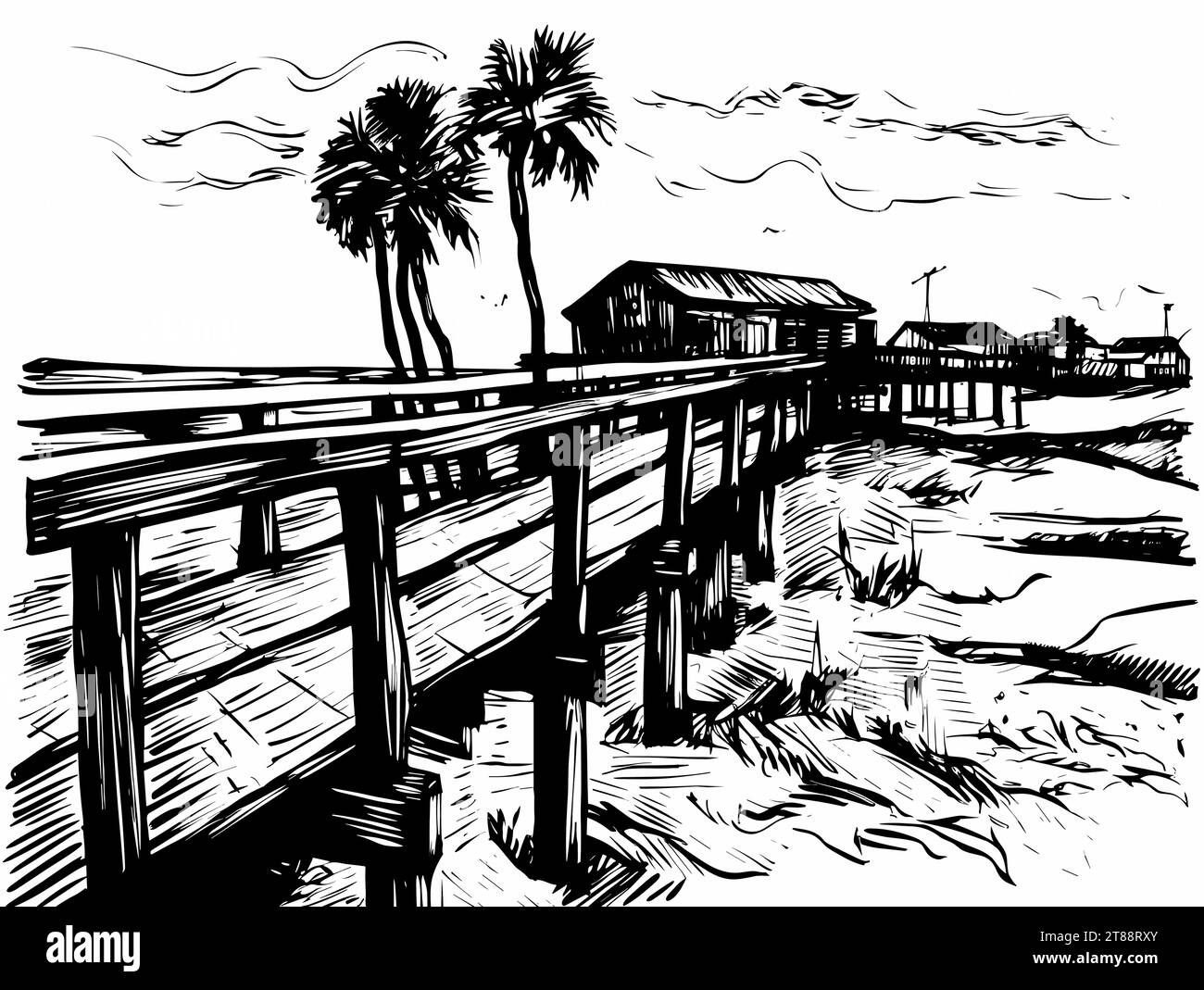 A Black And White Drawing Of A Pier With Palm Trees ink stamp based