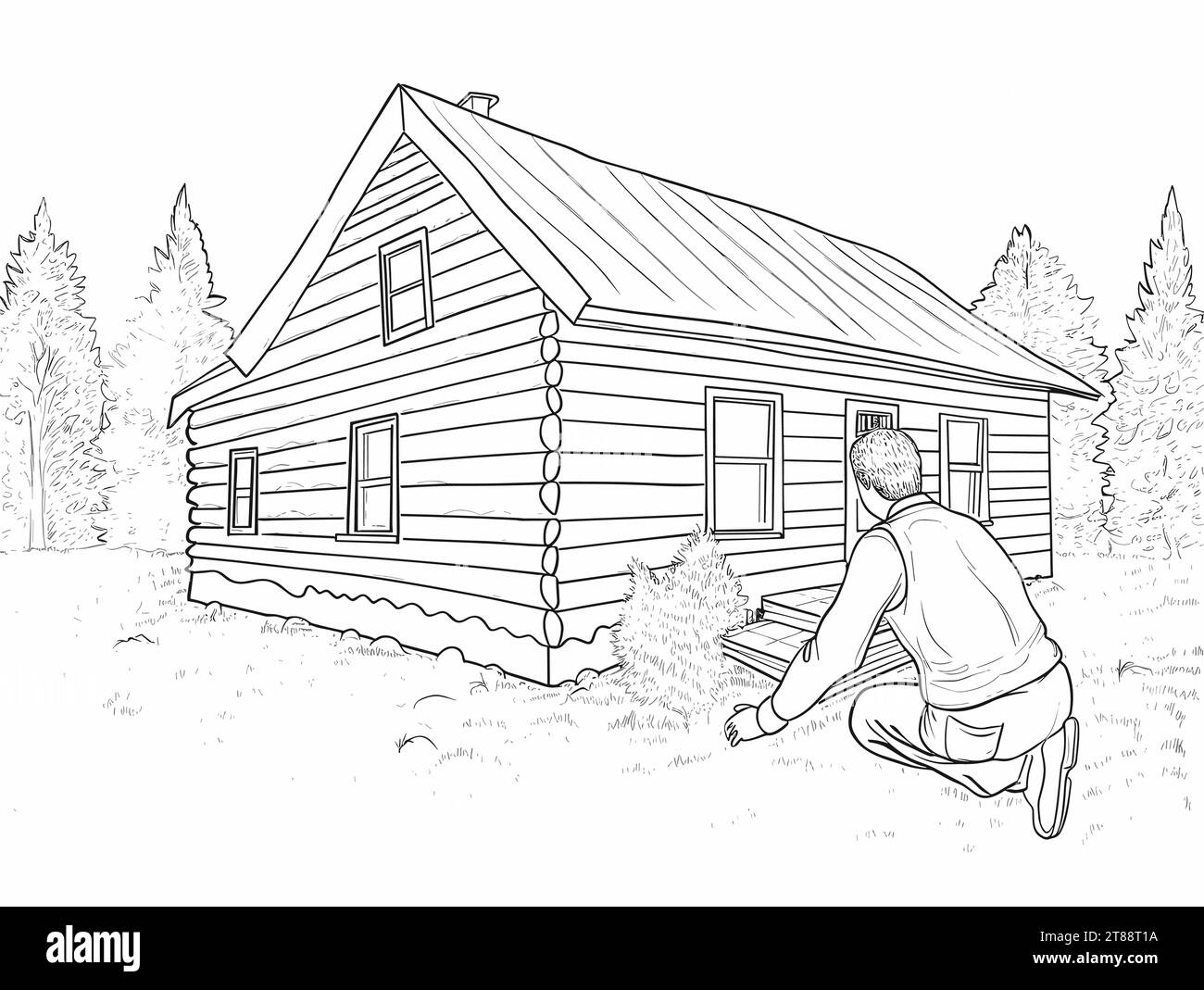 A Man Kneeling On The Ground Next To A Log Cabin Hands Framing Real