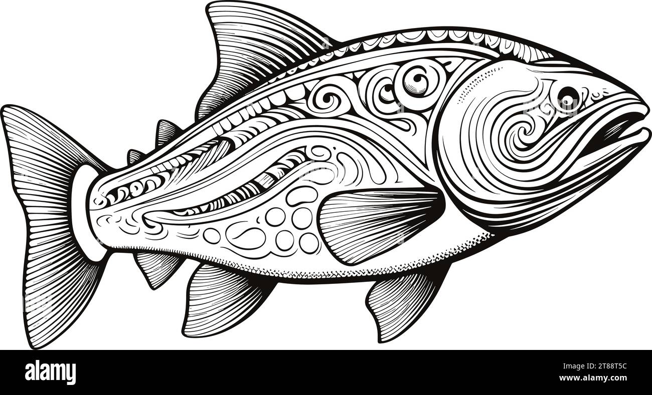 A Black And White Drawing Of A Fish - King salmon fish. Hand drawn ...