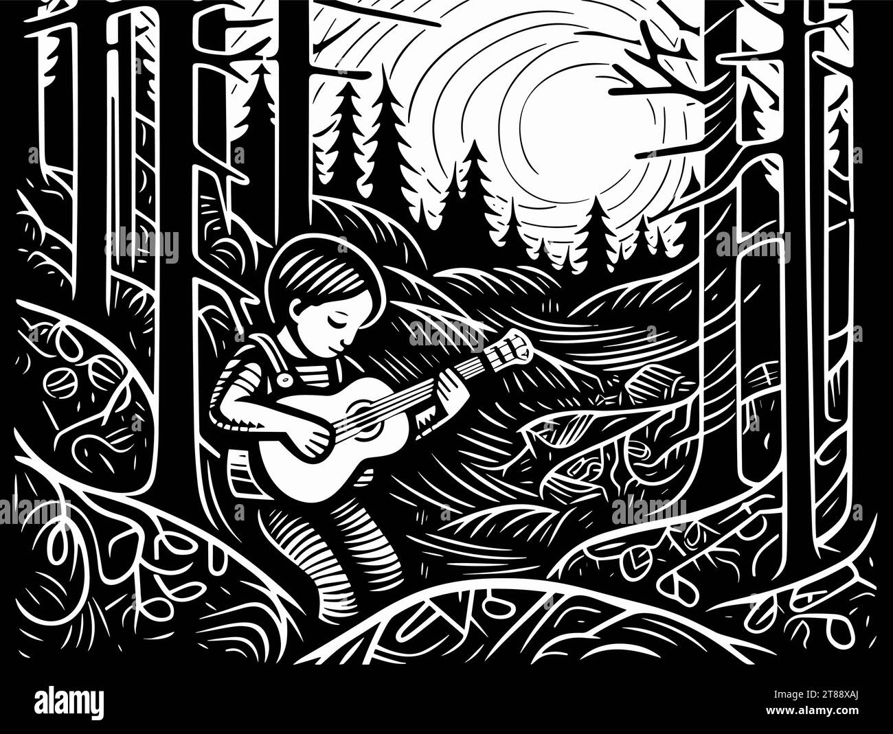 A Black And White Drawing Of A Boy Playing A Guitar In The Woods - Tiny