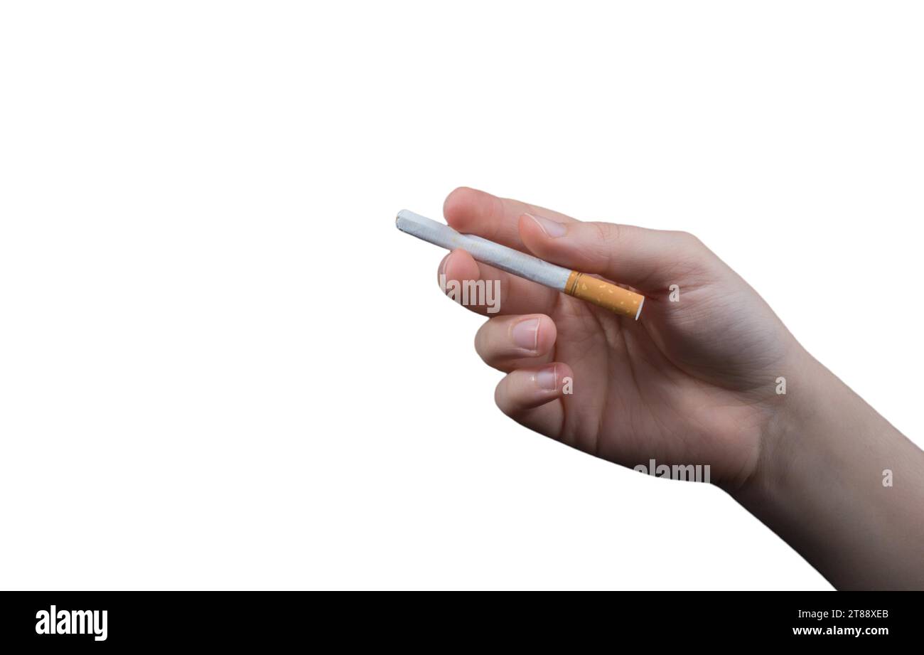 Tobacco smoke addiction, unhealthy lifestyle. Stop smoking, quit smoking or no smoking cigarettes. Hand holdingcigarette in hands. Quit bad habit Stock Photo