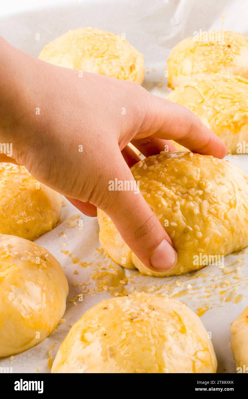 Hand holding cooked pastry on a tray on white background Stock Photo ...