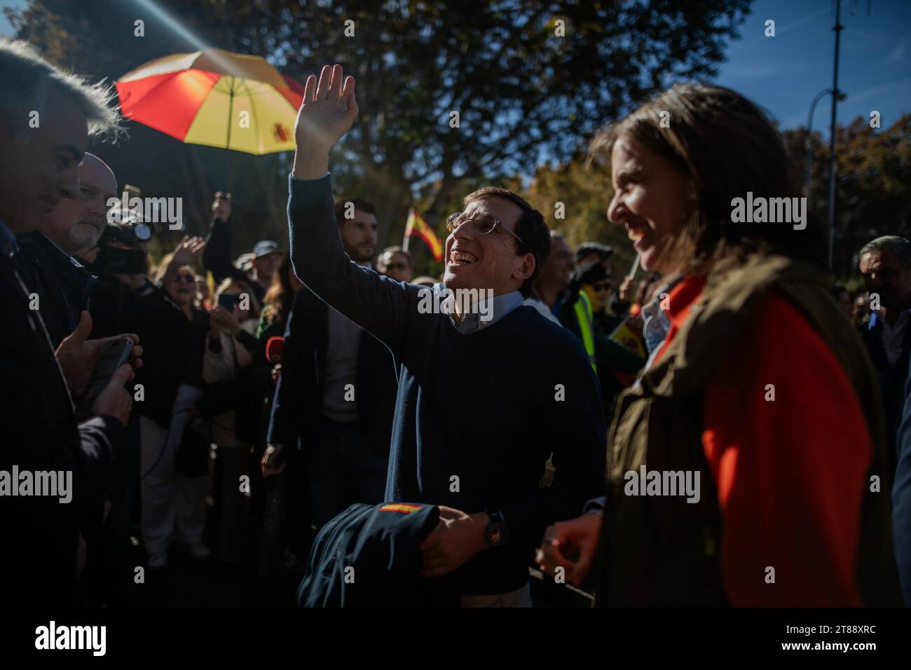 Madrid, Spain. 18th Nov, 2023. Jose Luis Martinez Almeida, mayor of Madrid, greets his supporters during a demonstration called by Spanish civic organizations that opposes the amnesty for Catalan independentists presented by the PSOE to ensure the inauguration of Pedro Sánchez as president of the government of Spain . This demonstration has its motto ''Not in my name: neither Amnesty, nor Self-determination'', and was held in the Plaza de Cibeles, in the center of Madrid. (Photo by David Canales/SOPA Images/Sipa USA) Credit: Sipa USA/Alamy Live News Stock Photo